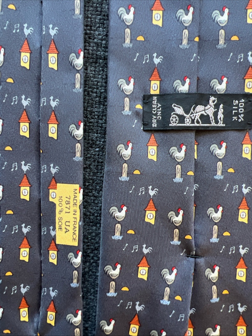 Hermes Navy Silk Tie with Rooster & Clock Motif from original Paris store